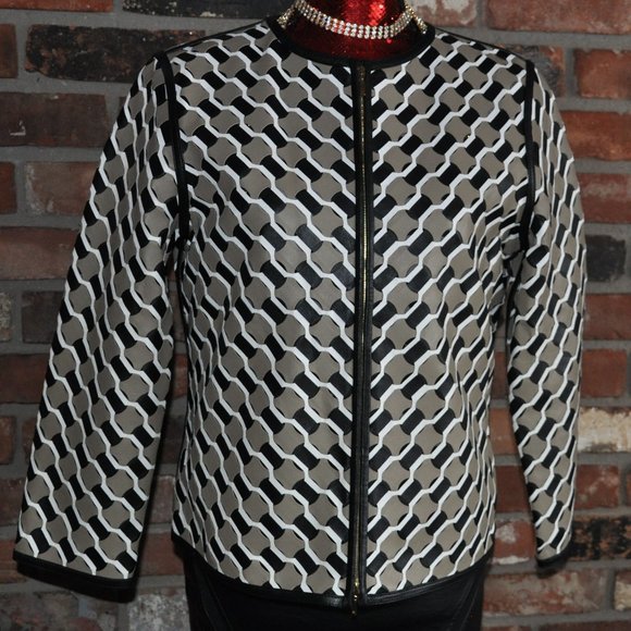 NWOT $4930 ESCADA LAMB Leather WOVEN White Black Sand Zip-up Jacket Coat 38 - Picture 2 of 10